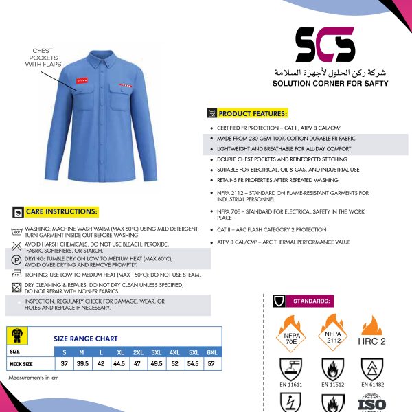 قميص كهرباء كات تو ضغط 8 SCS Flame Resistant Shirt CAT-2, ATPV 12 CAL